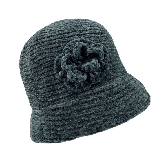 August T Gray Chenille Cloche Bucket Hat Flower Accent Winter Warm Soft Acrylic - Picture 1 of 10